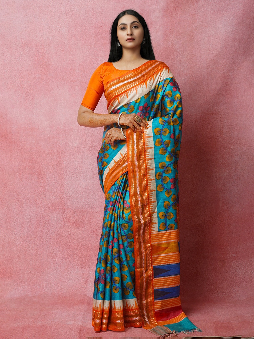 

Unnati Silks Block Printed Handloom Jute Silk Tussar Saree, Blue