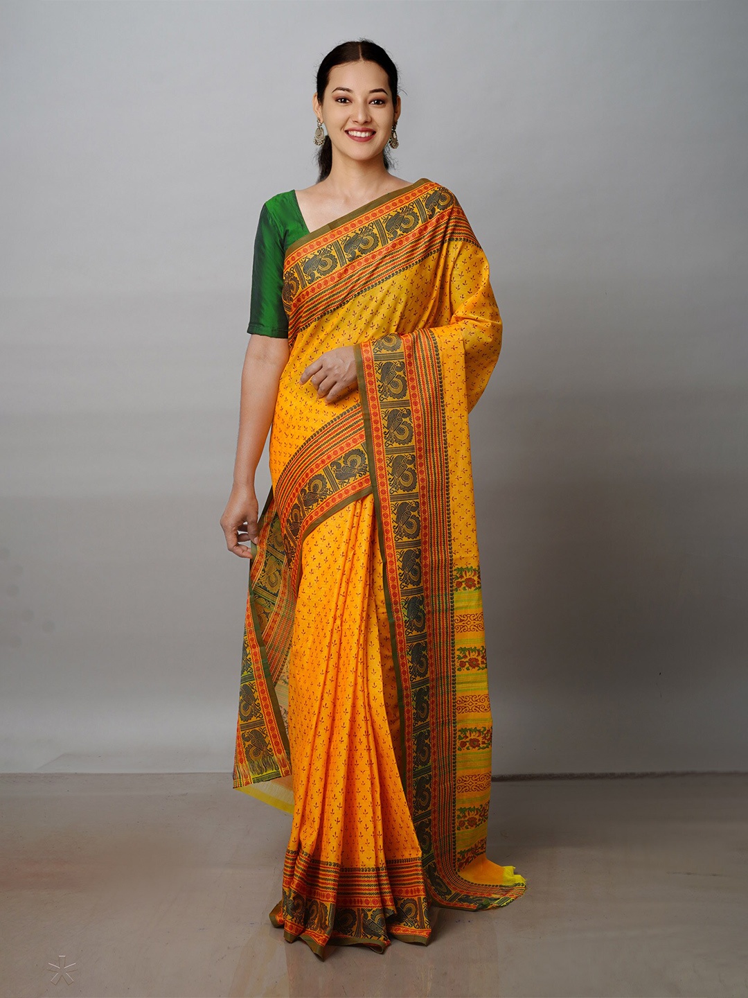 

Unnati Silks Ethnic Motifs Printed Handloom Pure Cotton Chettinad Saree, Mustard
