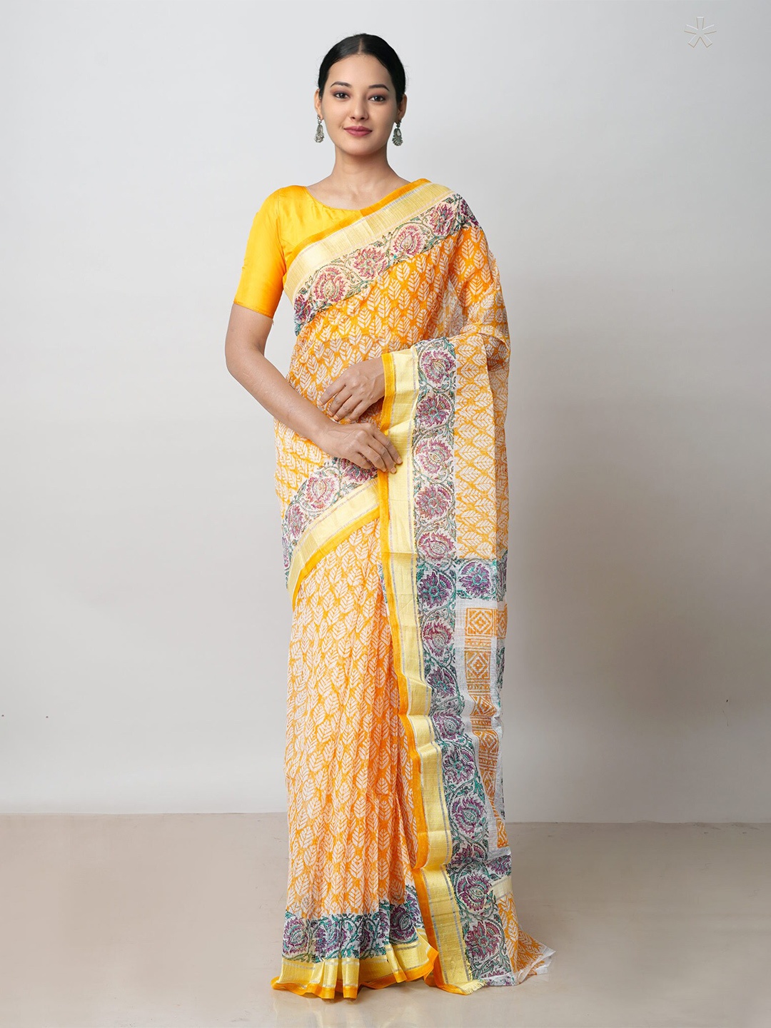 

Unnati Silks Ethnic Motifs Printed Handloom Pure Cotton Kota Saree, Orange