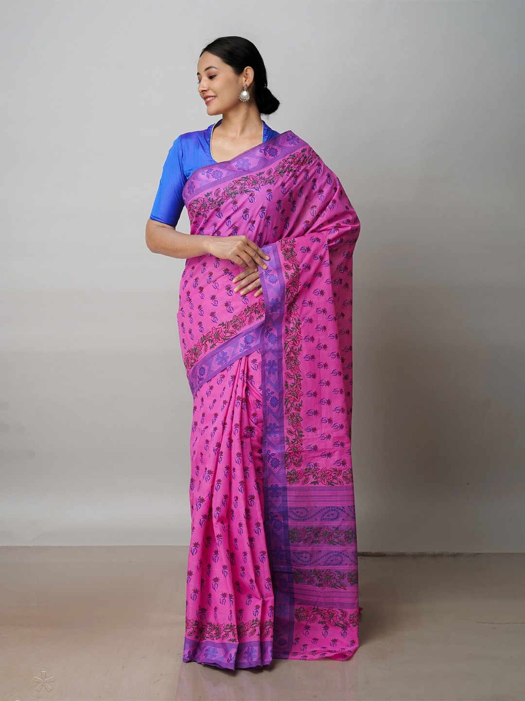 

Unnati Silks Ethnic Motifs Printed Pure Cotton Handloom Chettinad Saree, Pink