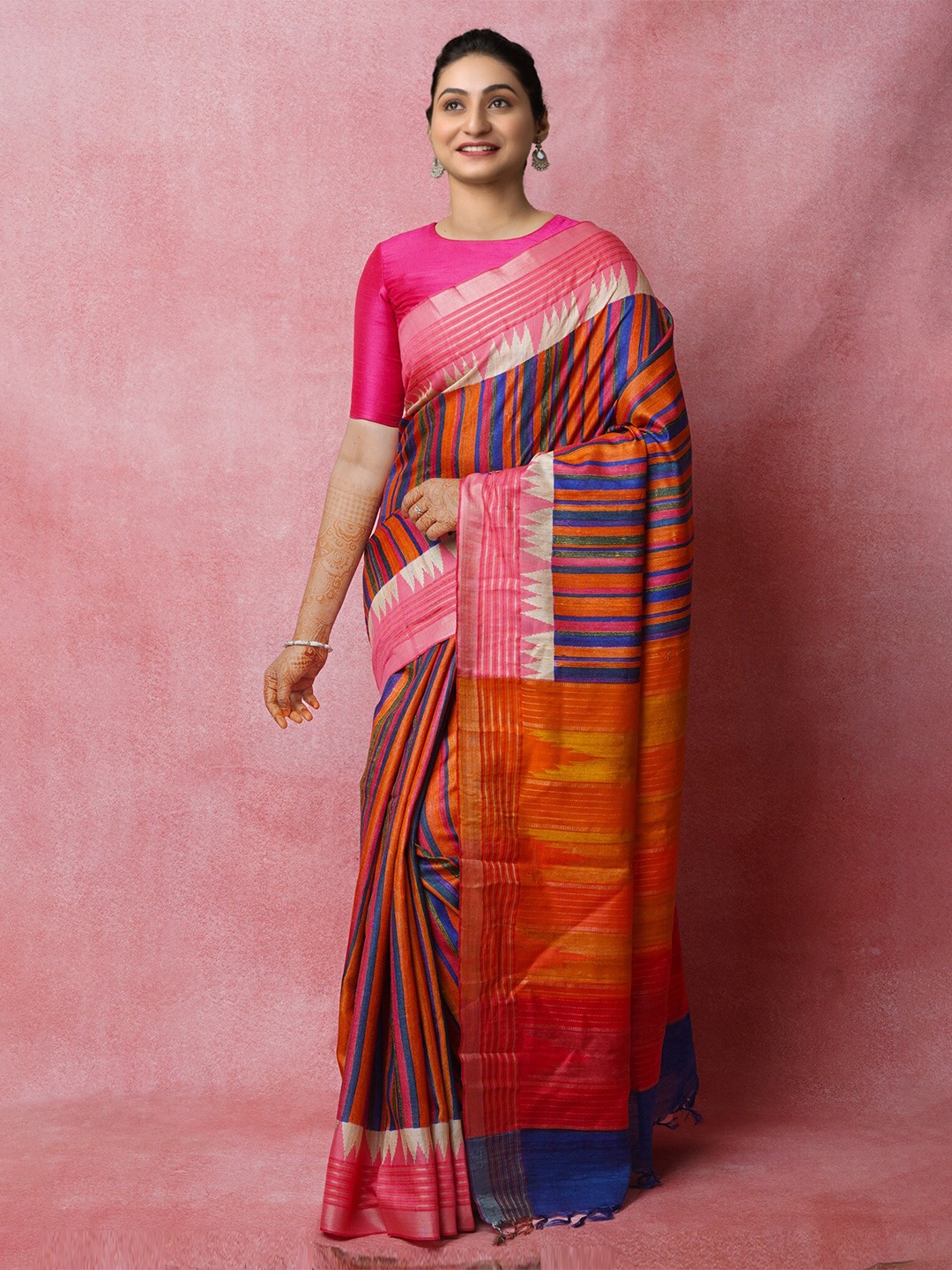 

Unnati Silks Striped Zari Jute Silk Handloom Tussar Saree, Blue