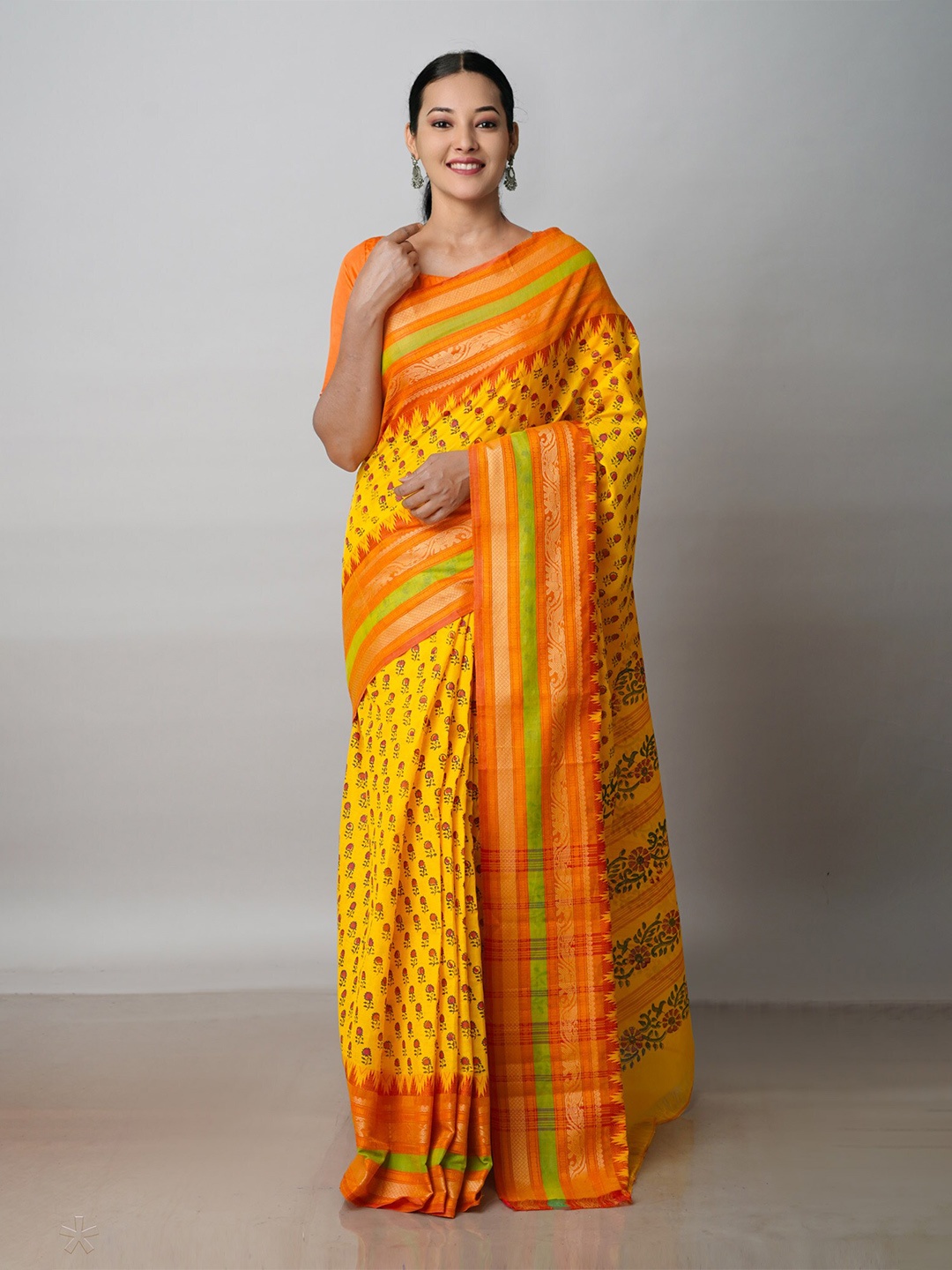 

Unnati Silks Ethnic Motifs Printed Zari Pure Cotton Handloom Chettinad Saree, Yellow
