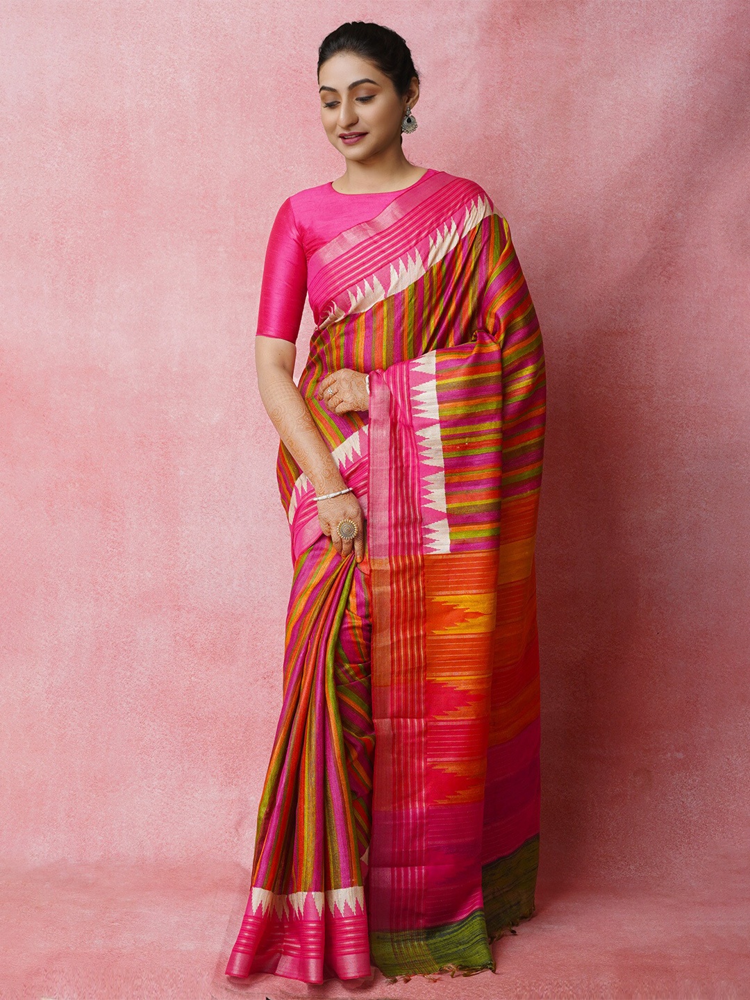 

Unnati Silks Striped Zari Jute Silk Tussar Saree, Red