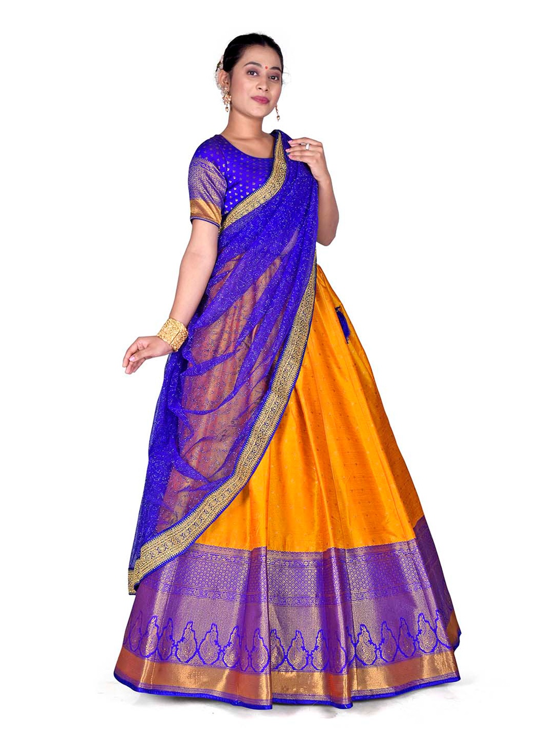 

HALFSAREE STUDIO Semi-Stitched Lehenga & Blouse With Dupatta, Gold