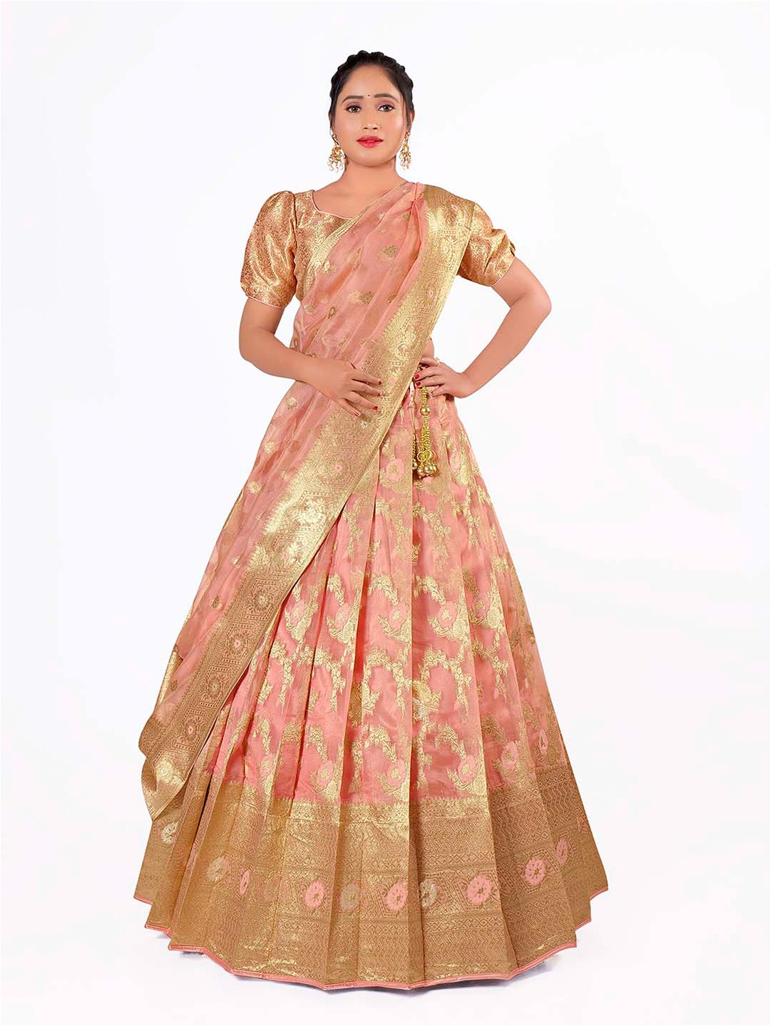

HALFSAREE STUDIO Semi-Stitched Lehenga & Blouse With Dupatta, Pink