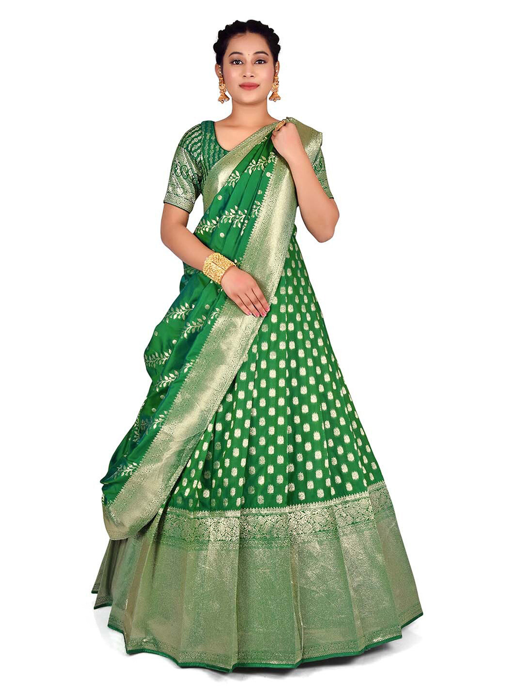 

HALFSAREE STUDIO Semi-Stitched Lehenga & Blouse With Dupatta, Green
