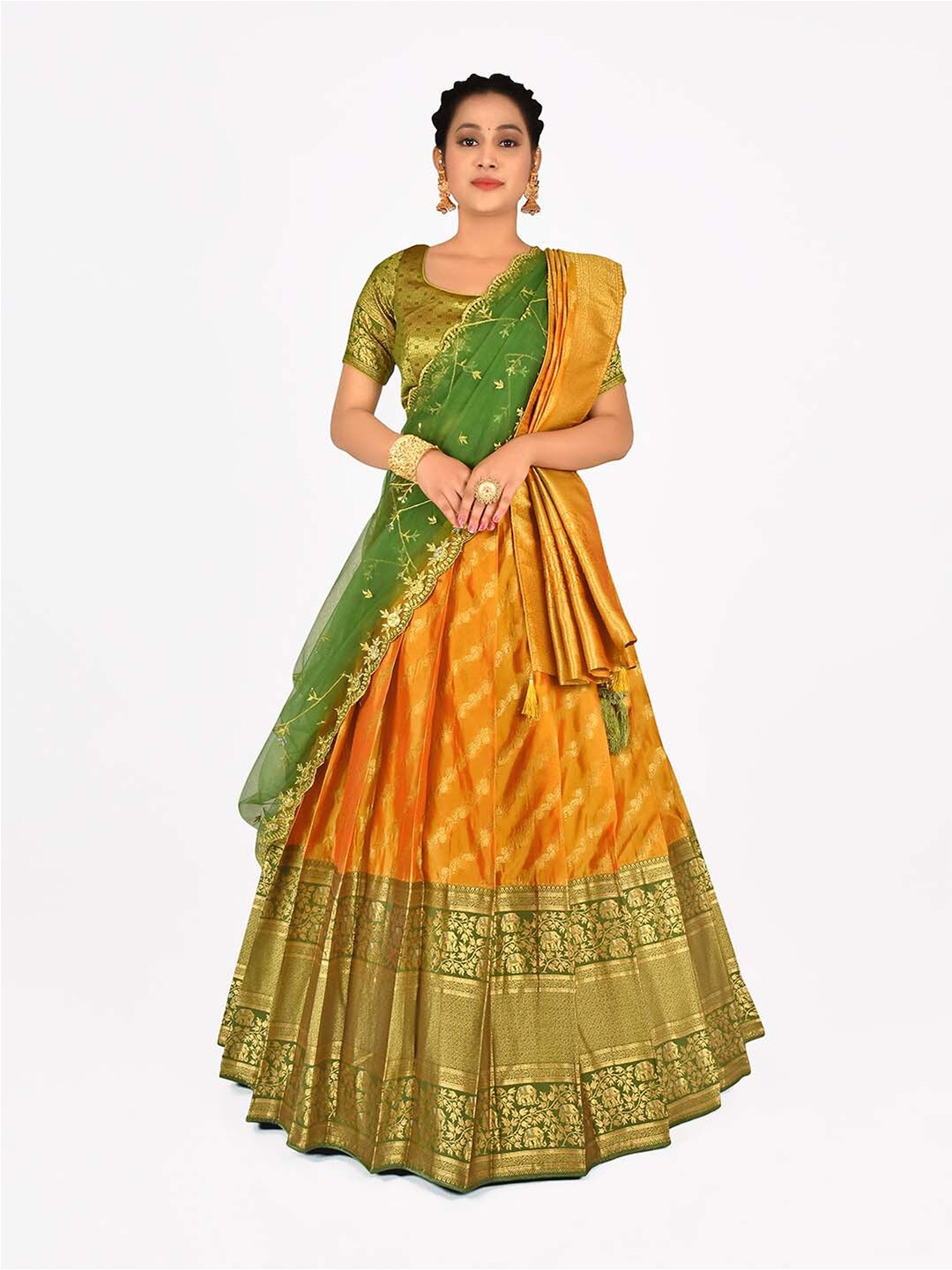 

HALFSAREE STUDIO Semi-Stitched Lehenga & Blouse With Dupatta, Gold