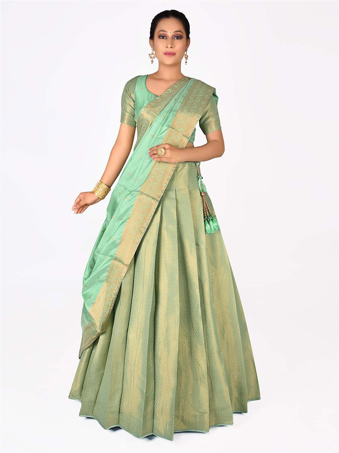 

HALFSAREE STUDIO Semi-Stitched Lehenga & Blouse With Dupatta, Green