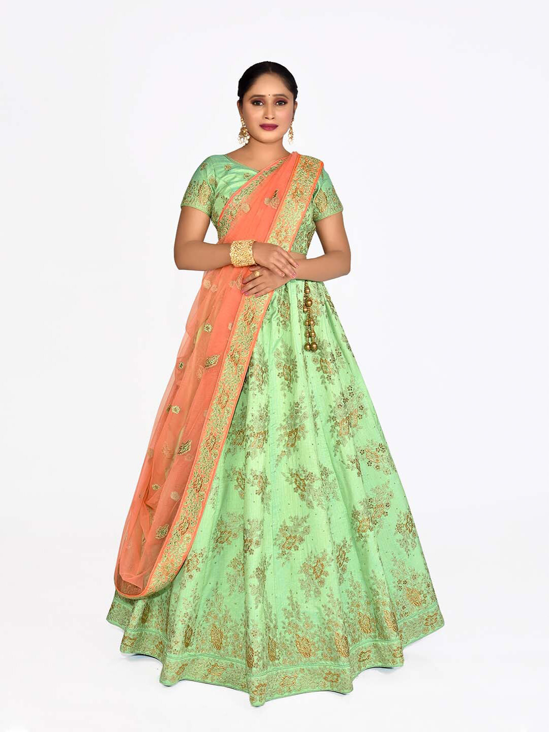 

HALFSAREE STUDIO Semi-Stitched Lehenga & Blouse With Dupatta, Olive