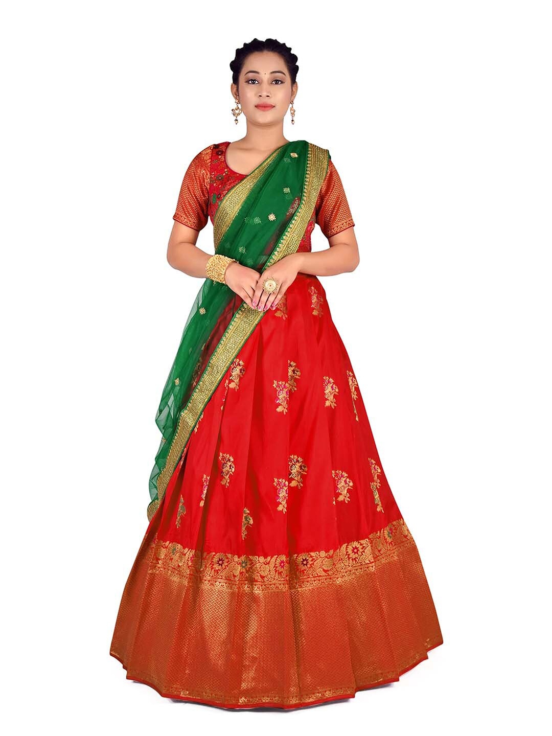 

HALFSAREE STUDIO Semi-Stitched Lehenga & Blouse With Dupatta, Red