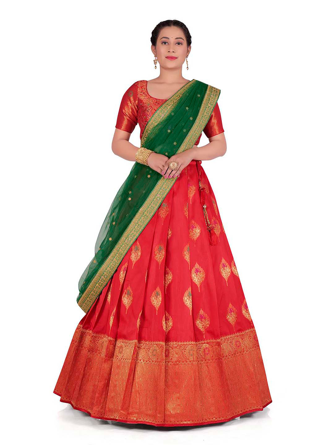 

HALFSAREE STUDIO Semi-Stitched Lehenga & Blouse With Dupatta, Red