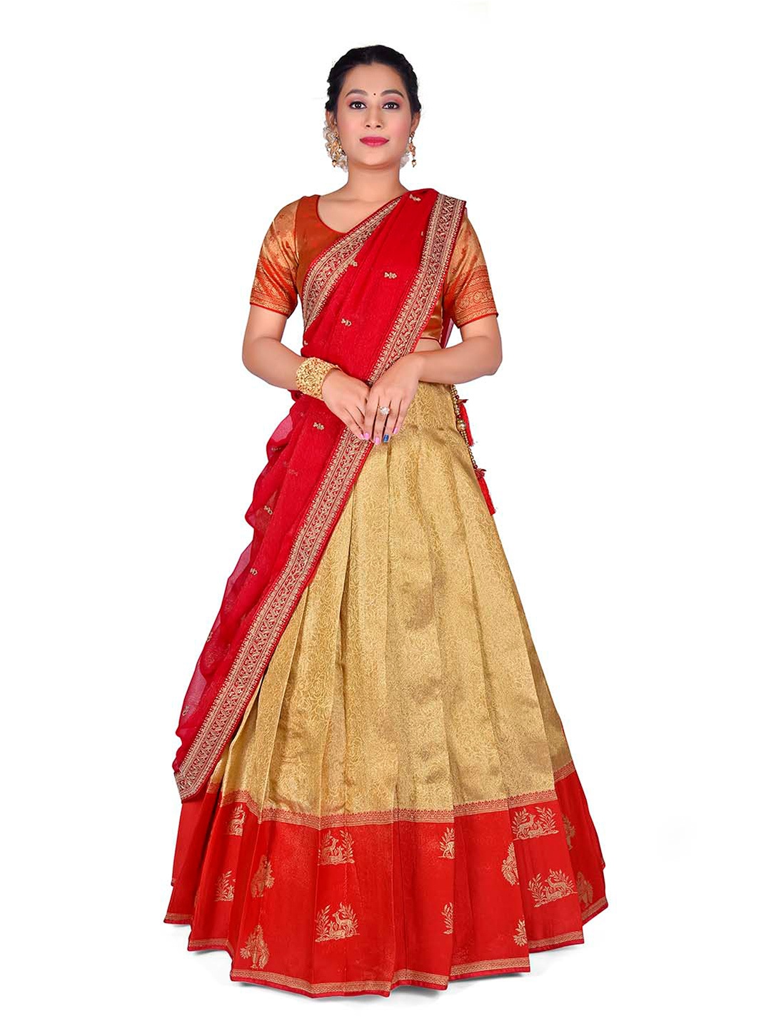 

HALFSAREE STUDIO Semi-Stitched Lehenga & Blouse With Dupatta, Beige