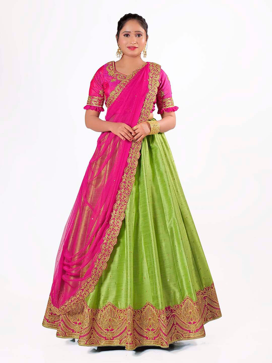 

HALFSAREE STUDIO Semi-Stitched Lehenga & Blouse With Dupatta, Green