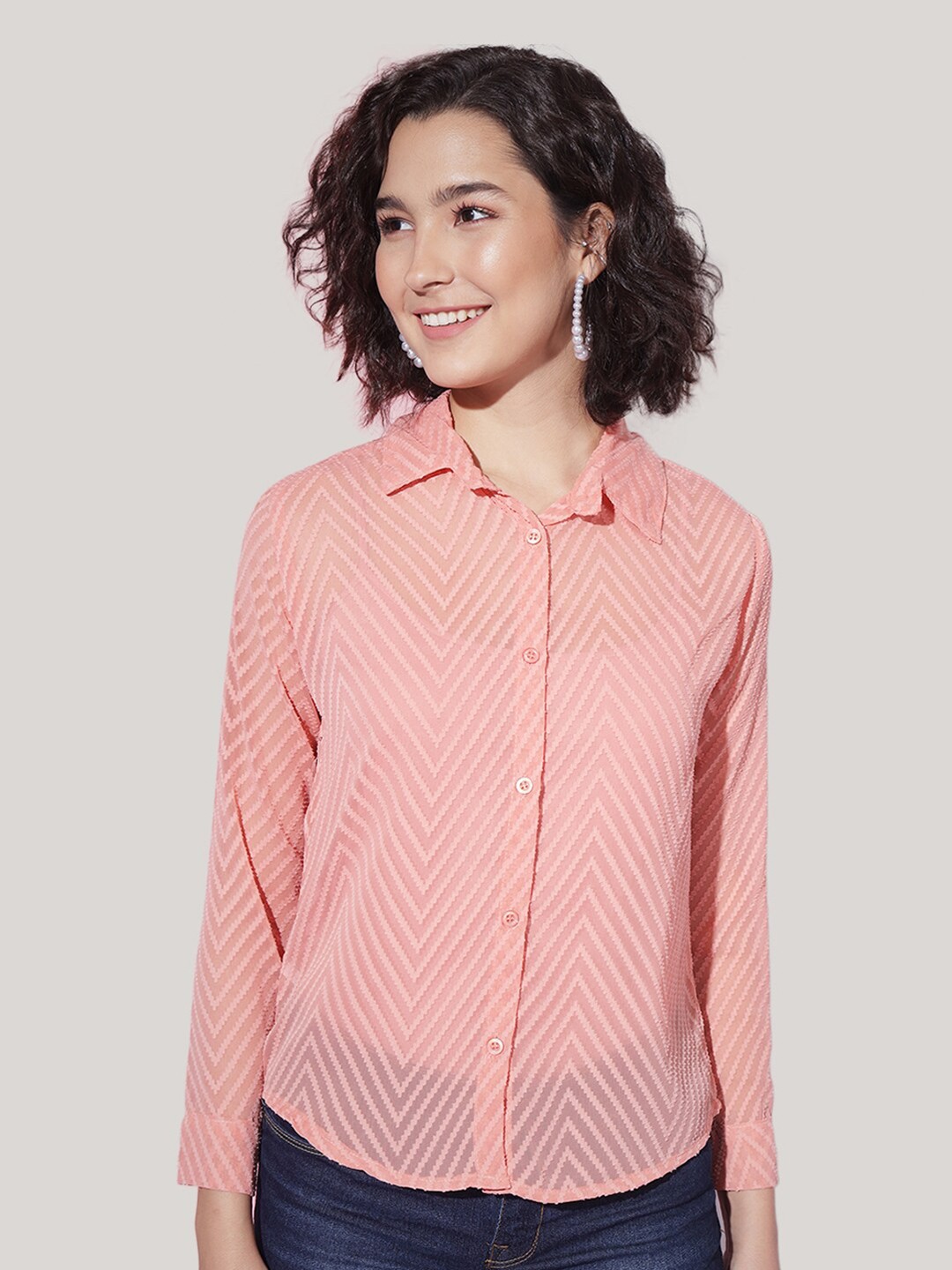 

BUY NEW TREND Self Design Semi Sheer Casual Shirt, Peach
