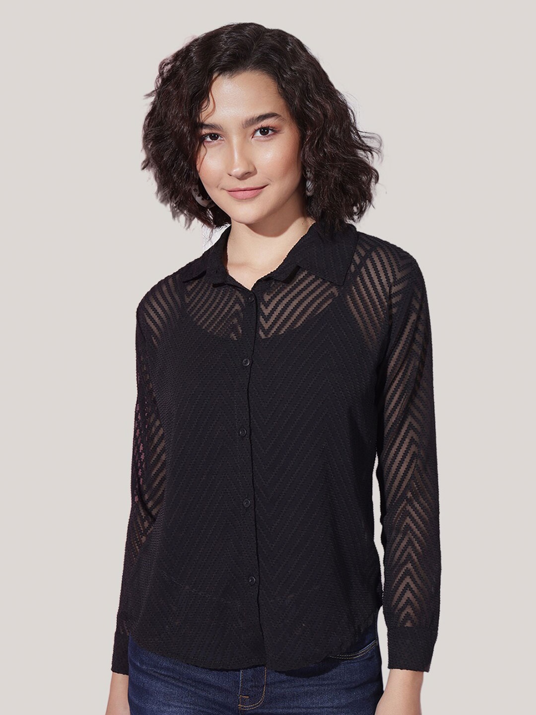 

BUY NEW TREND Self Design Semi Sheer Casual Shirt, Black