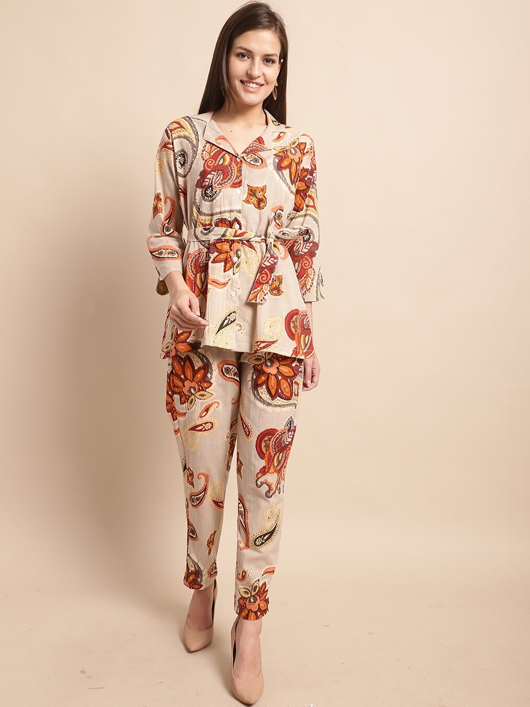 

KALINI Floral Printed Waist Tie-Ups Pure Cotton Shirt With Trouser, Cream