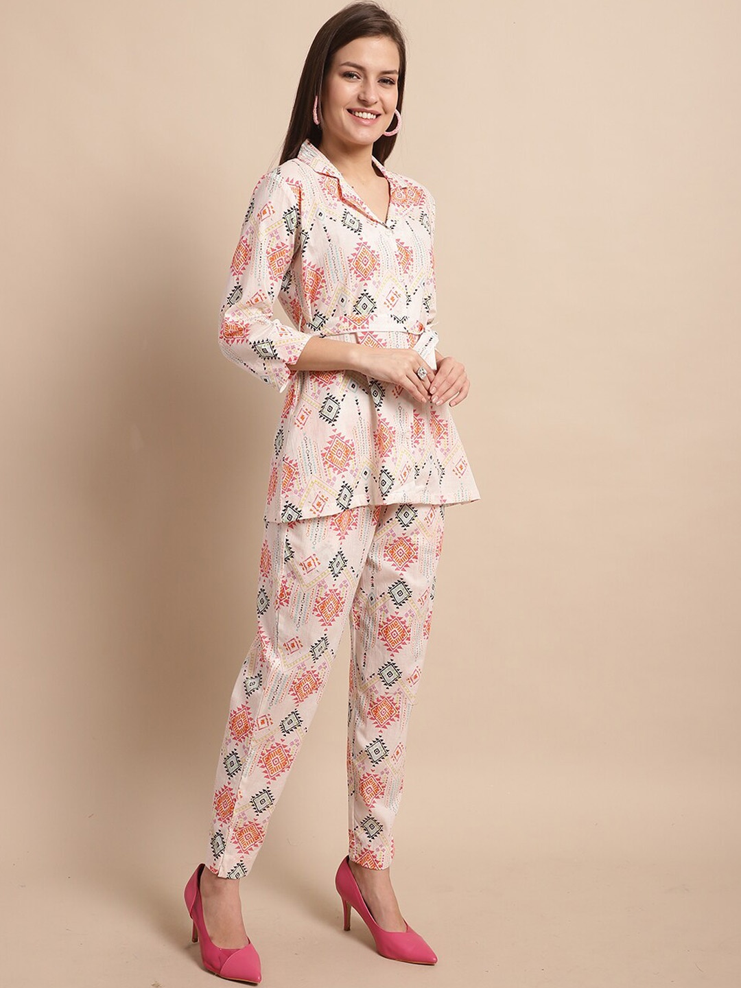 

KALINI Floral Printed Waist Tie-Ups Shirt With Trouser, White