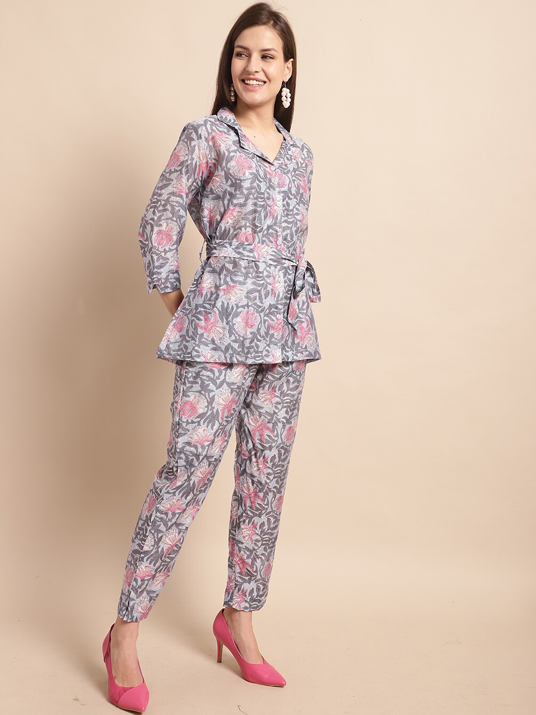 

KALINI Printed Belted Shirt with Trousers, Grey