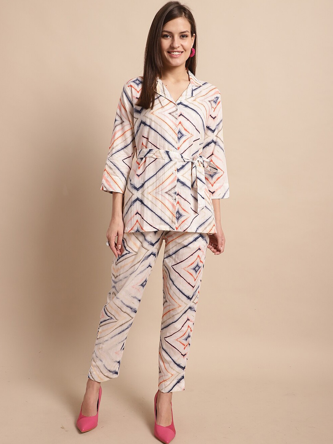 

KALINI Printed Cotton Shirt with Trousers, White