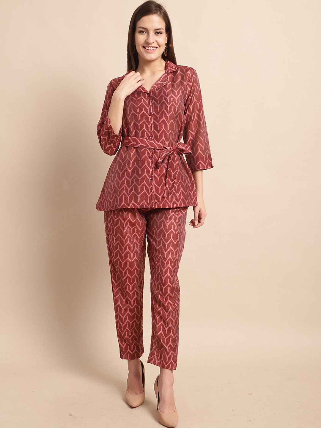 

KALINI Geometric Printed Waist Tie-Ups Pure Silk Shirt With Trouser, Maroon