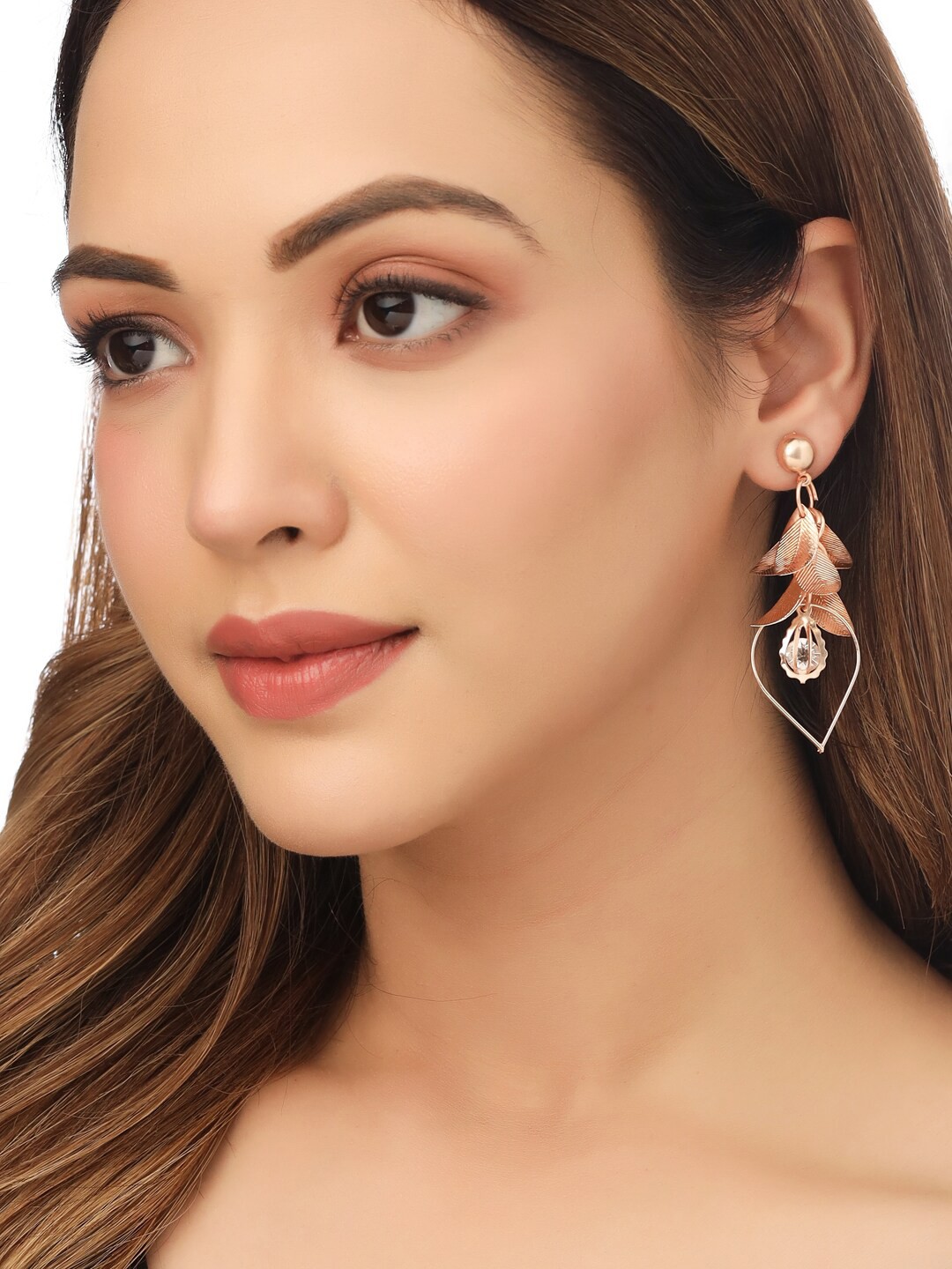 

NVR Rose Gold-Toned Leaf Shaped Drop Earrings