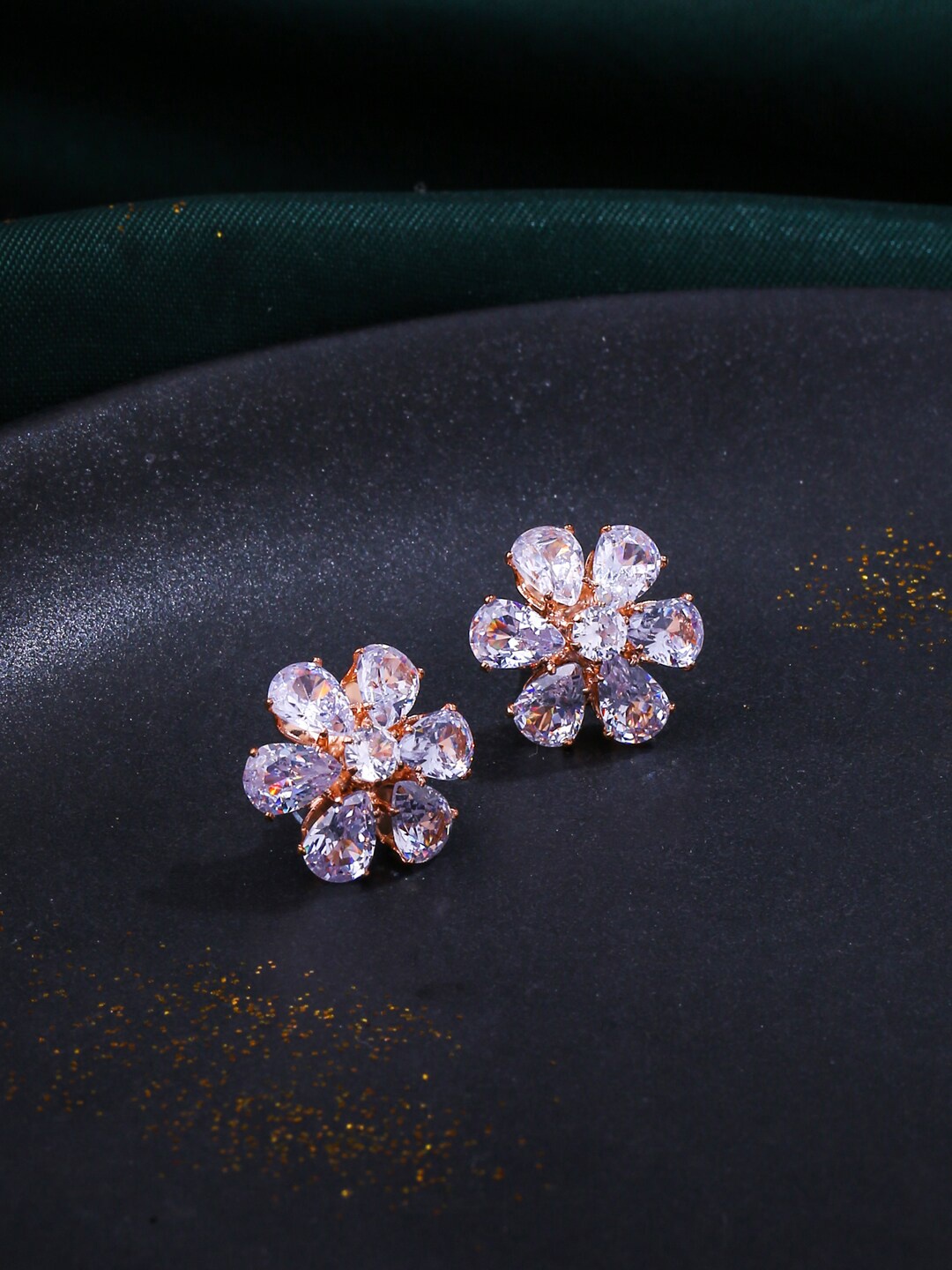 

NVR Gold-Plated CZ Studded Floral Studs Earrings