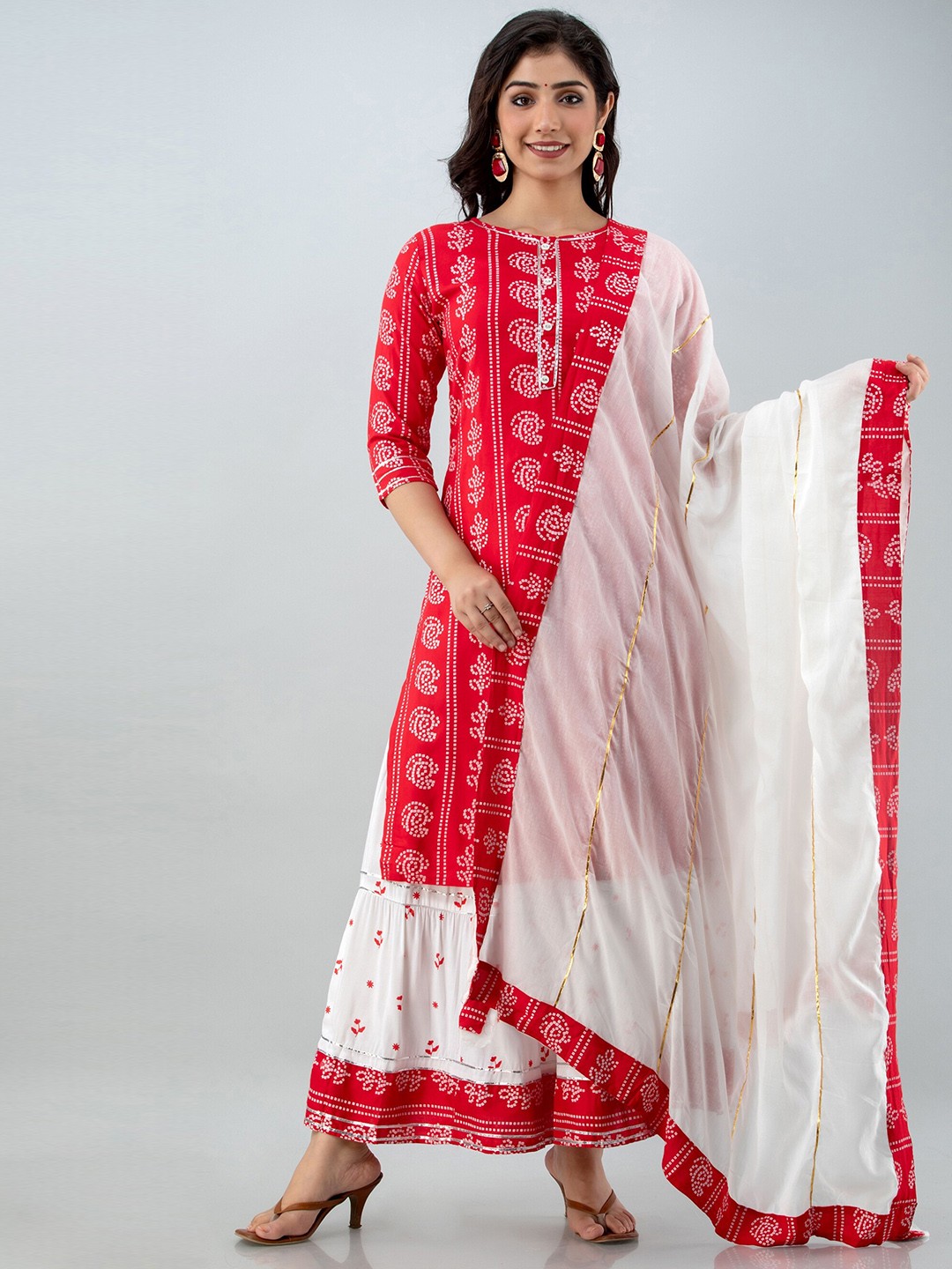

Lovista Bandhani Printed Regular Gotta Patti Kurta With Skirt & Dupatta, Red