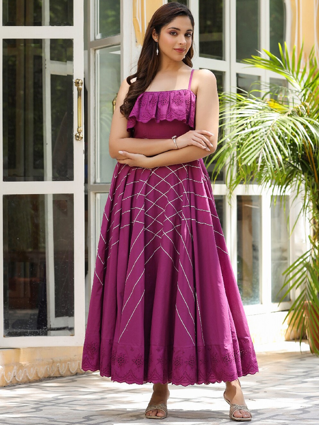 

EverBloom Schiffli Detailed Sleeveless Cotton Ethnic Dress, Purple