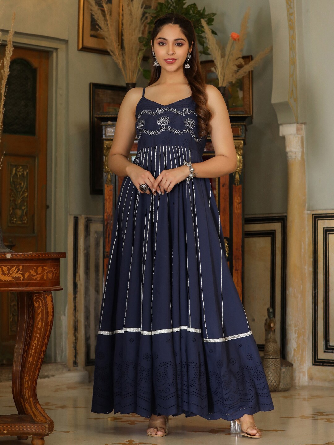 

EverBloom Embroidered Flared Cotton Fit & Flare Ethnic Dress, Navy blue