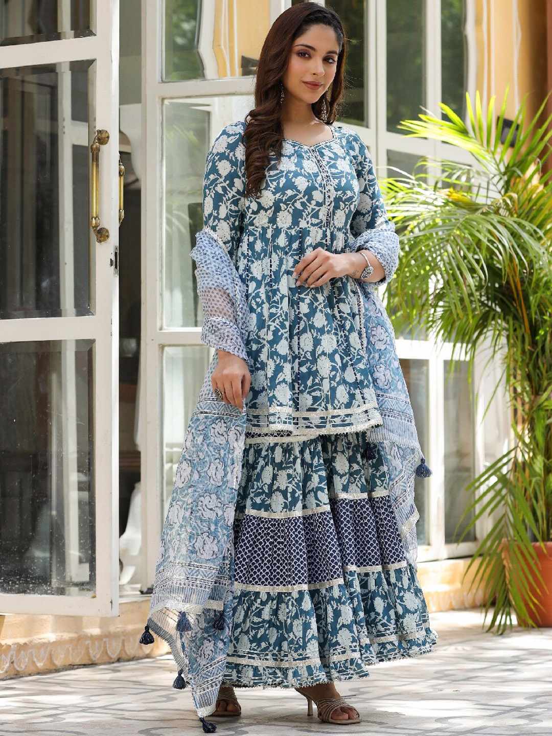 

EverBloom Ethnic Motifs Printed Gotta Patti Pure Cotton Kurti with Sharara & Dupatta, Blue