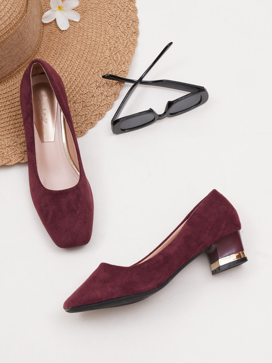 

ELANBERG Square Toe Block Heel Pumps, Maroon