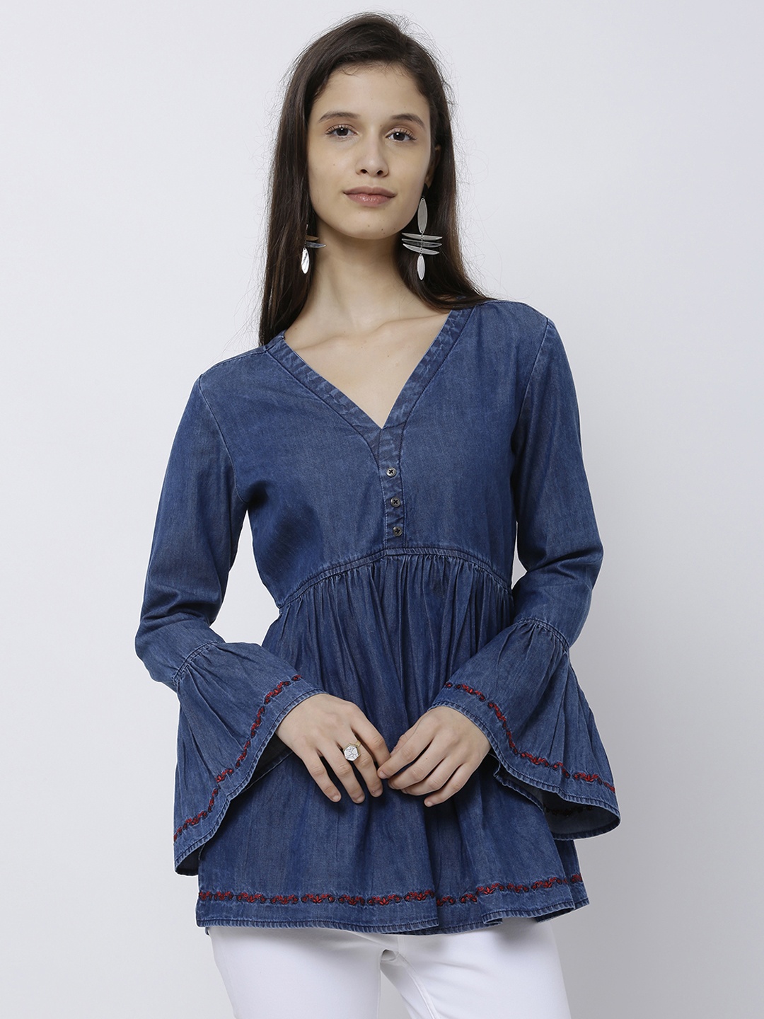 

Tokyo Talkies Women Navy Blue Solid Denim Top