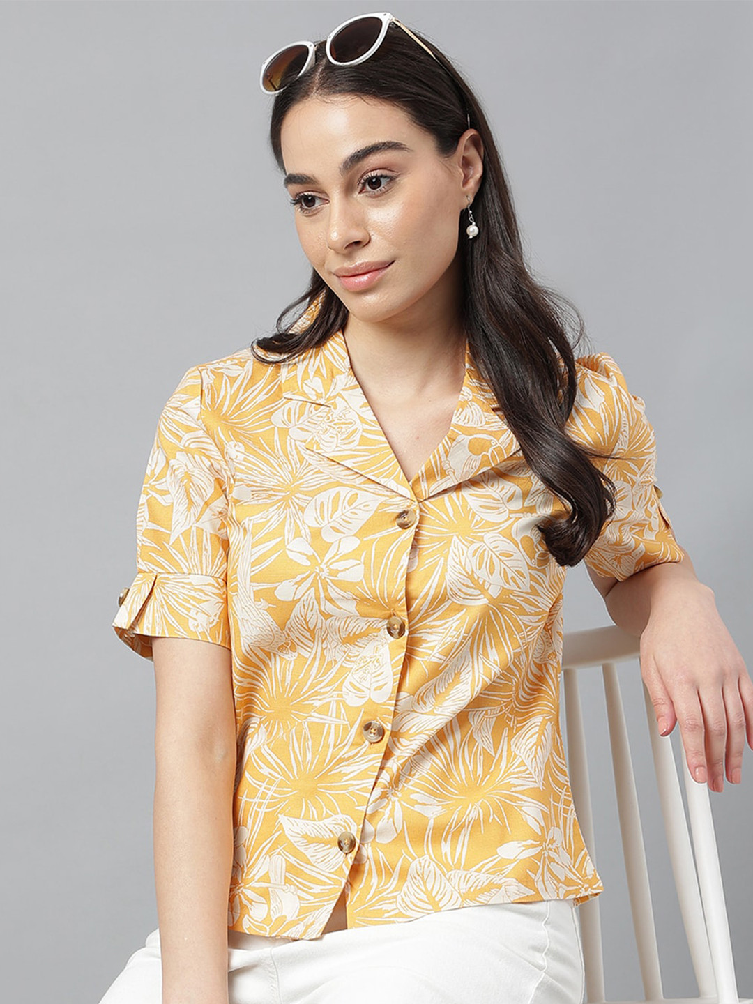 

Hancock Relaxed Tropical Printed Pure Cotton Casual Shirt, Yellow