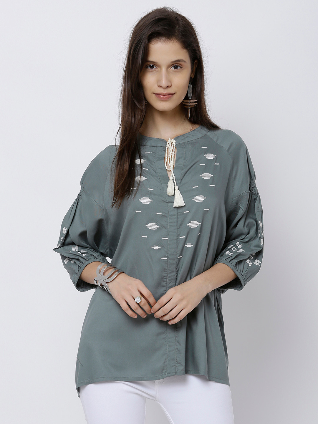 

Tokyo Talkies Women Grey Embroidered Top
