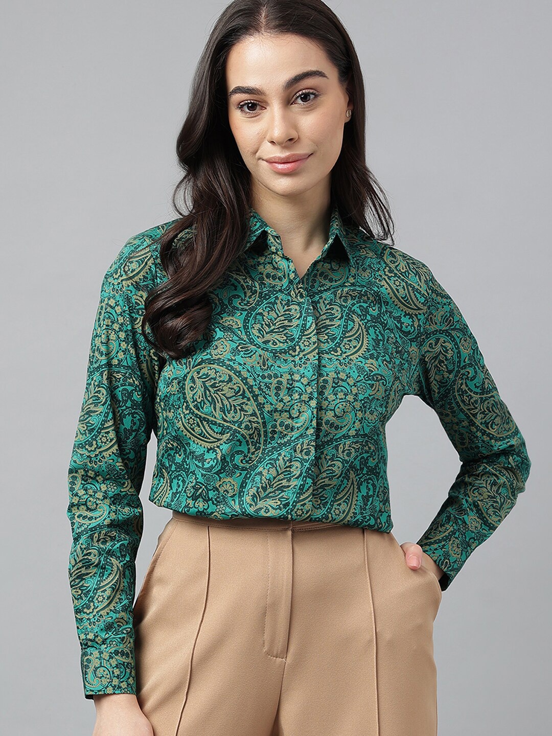 

Hancock Satin Relaxed Regular Fit Ethnic Motifs Printed Pure Cotton Satin Formal Shirt, Green