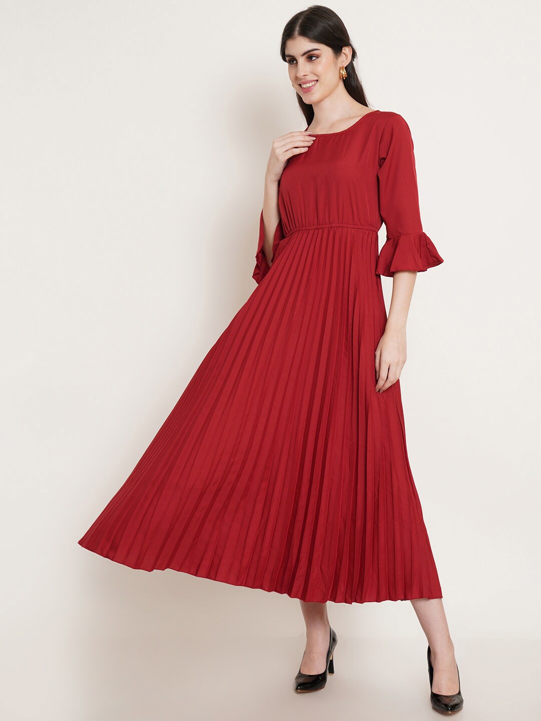 

U&F Maroon Bell Sleeve Fit & Flare Midi Dress