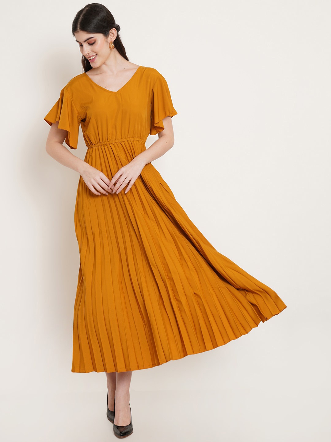 

U&F Mustard Yellow Flared Sleeve Fit & Flare Midi Dress