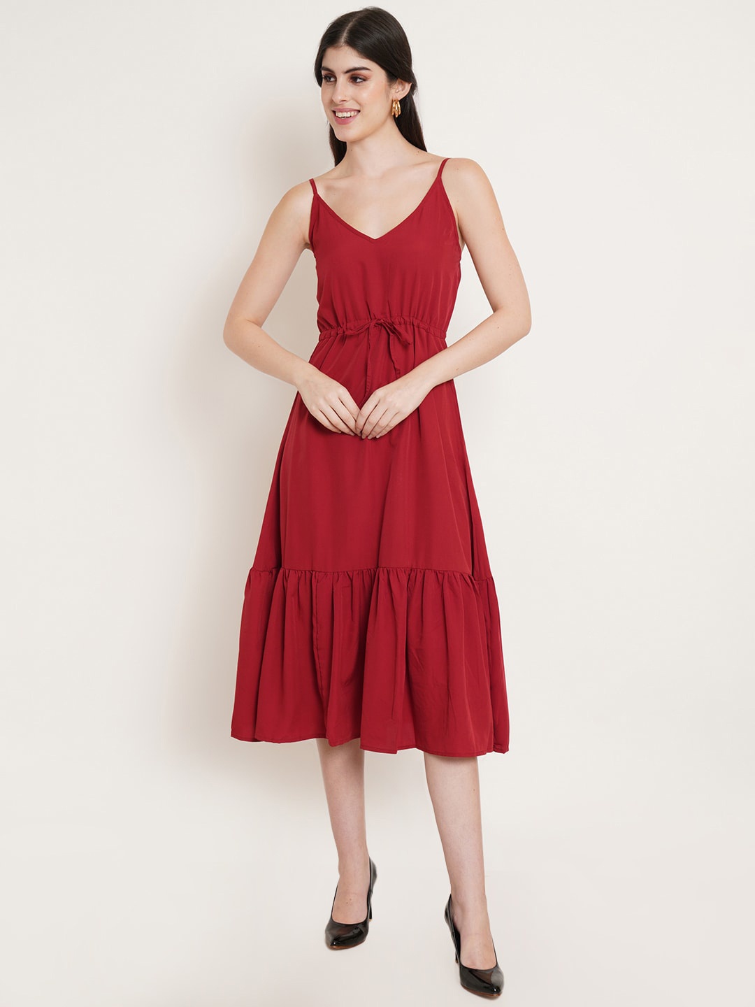 

U&F Maroon Shoulder Straps Fit & Flare Midi Dress