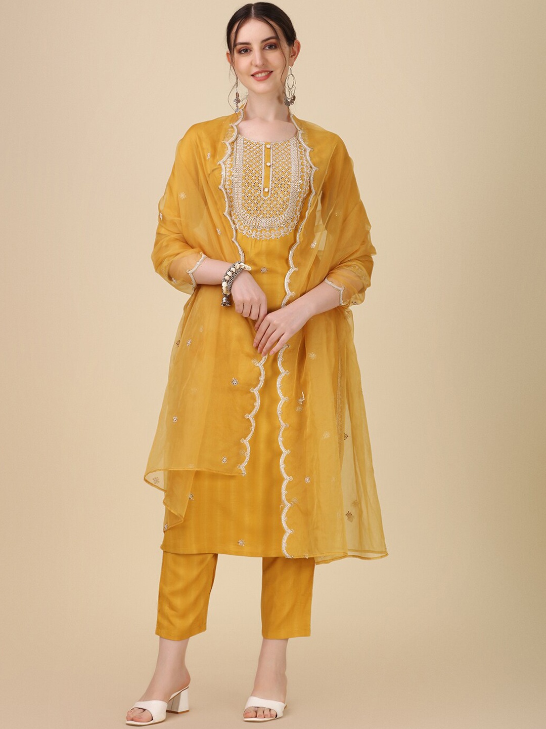 

Berrylicious Embroidered Regular Thread Work Kurta With Trousers & Dupatta, Yellow