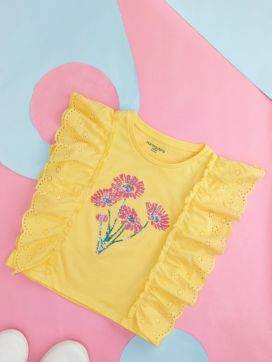 

Pantaloons Junior Girls Floral Sequined Flutter Sleeves Cotton Top, Yellow