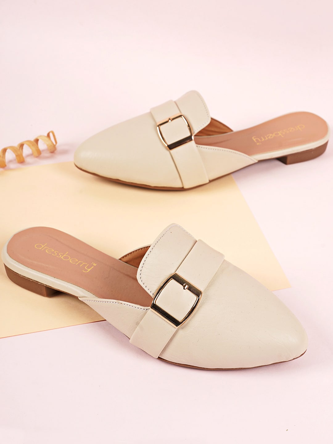 

DressBerry Women Cream-Coloured Pointed Toe Mules With Buckle Detail