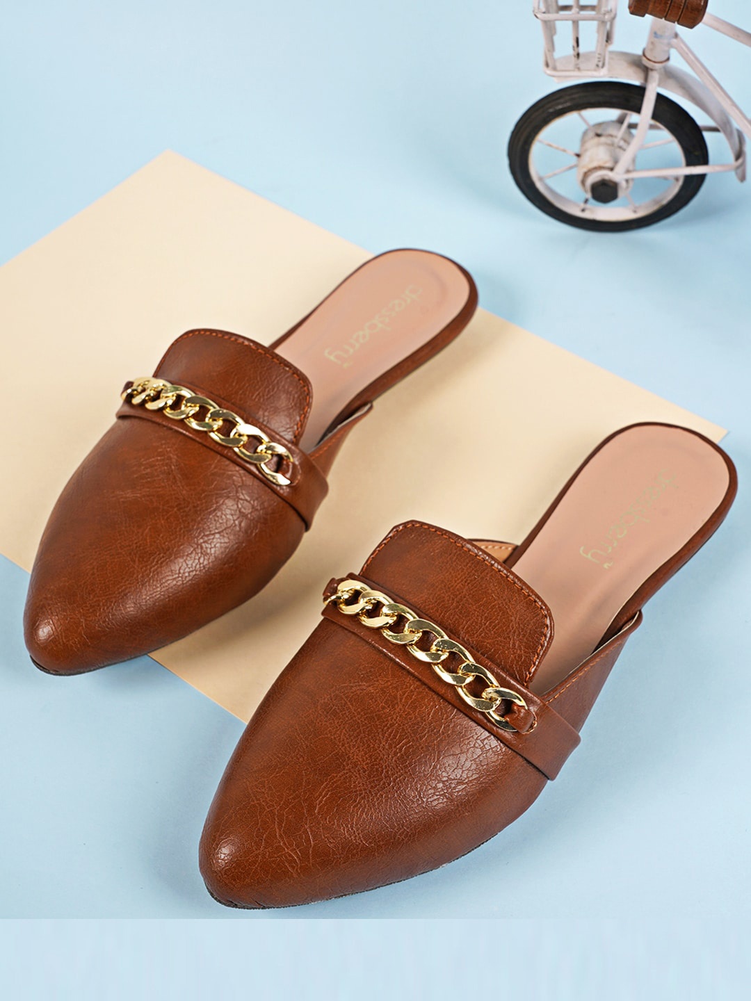 

DressBerry Women Brown & Gold Toned Embellished Pointed Toe Mules