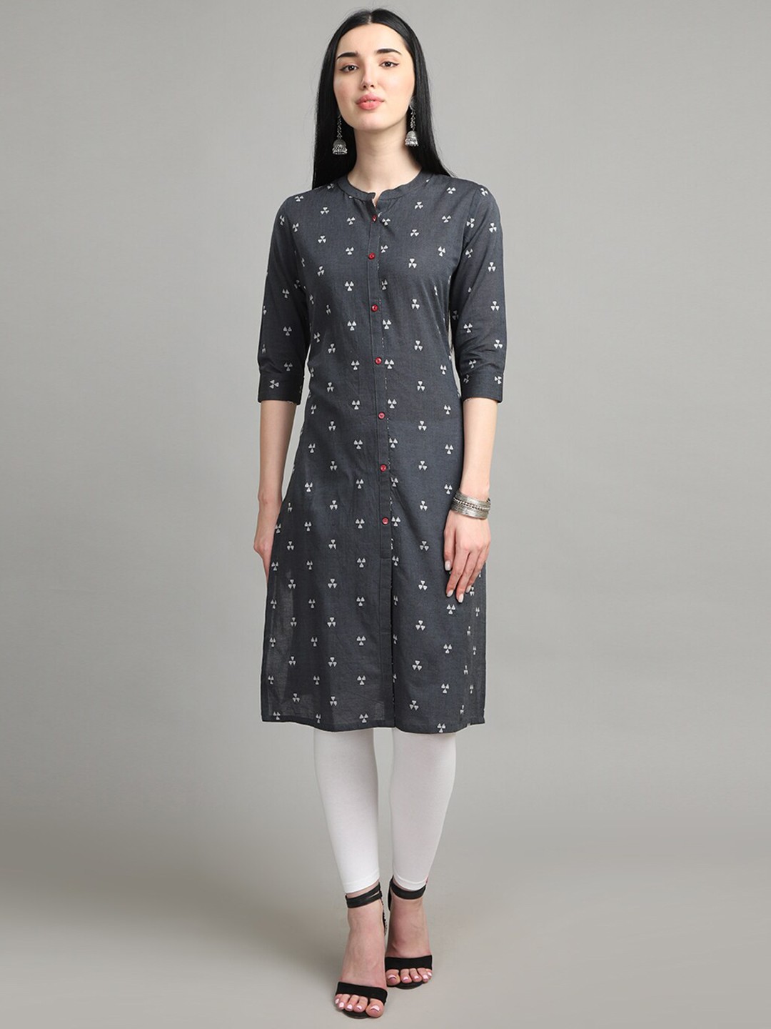 

Alena Geometric Woven Design Thread Work Cotton Kurta, Grey