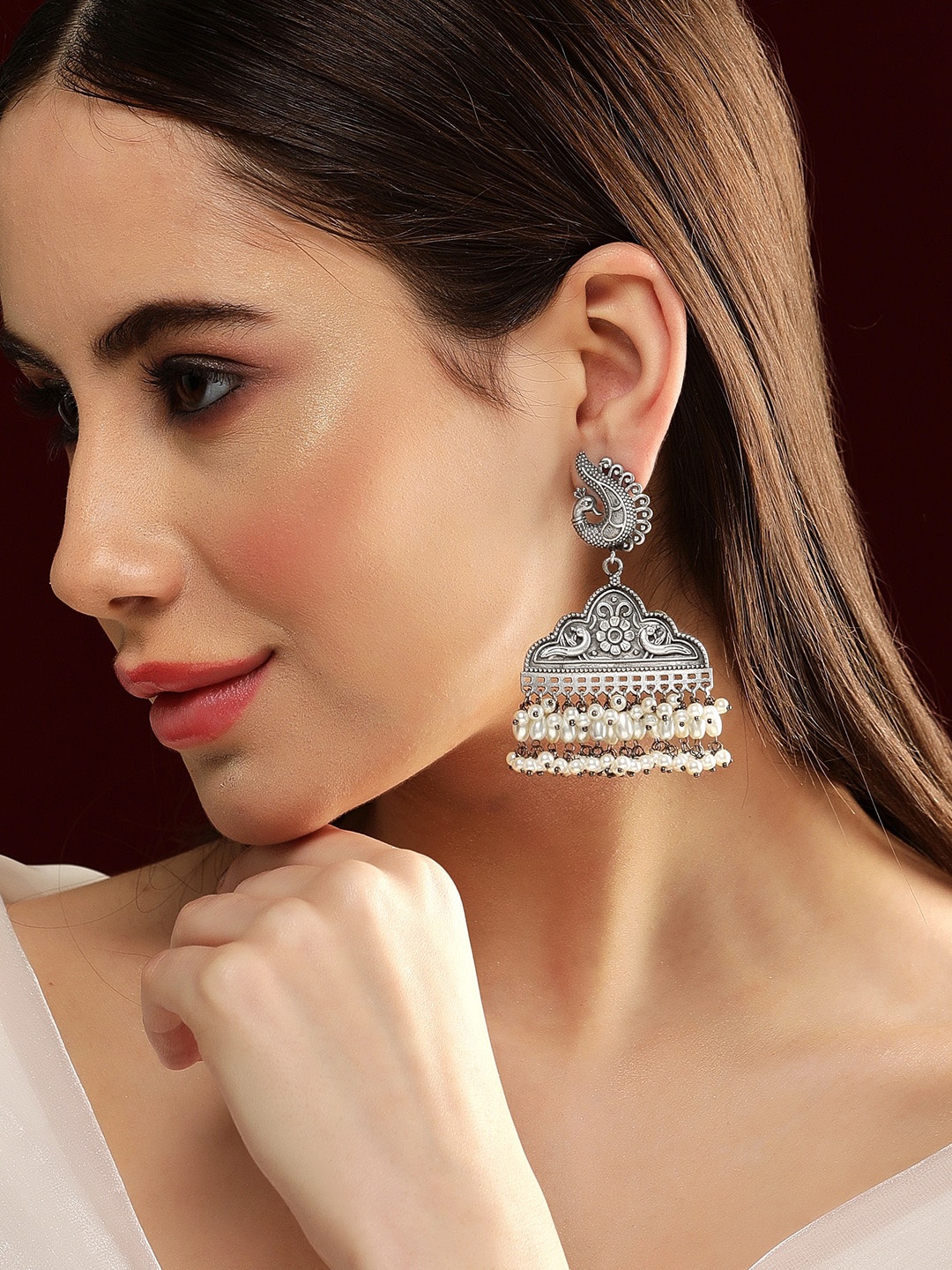 

Rubans Silver-Plated Oxidized Peacock Pearl Studded & Beaded Jhumkas