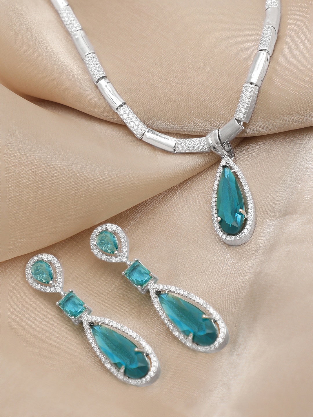 

Rubans Silver-Toned Rhodium-Plated Zirconia Studded Necklace Set