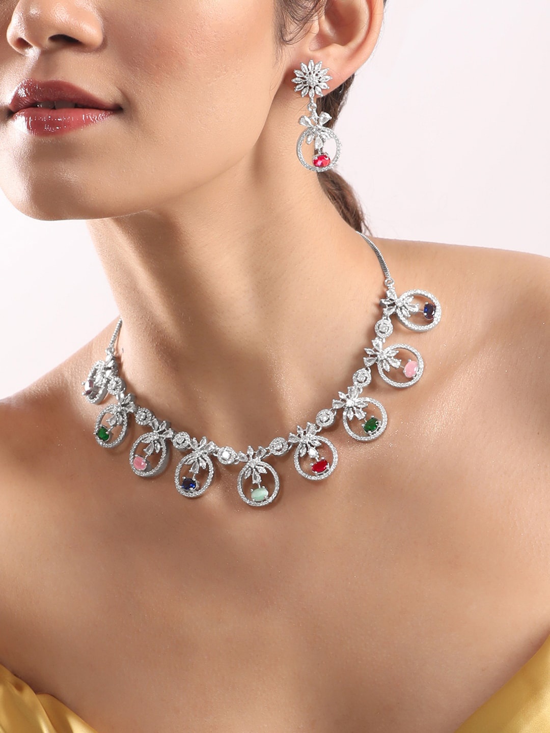 

Rubans Rhodium Plated Silver-Tone Floral Multicolor CZ Stone Studded Premium Jewellery Set