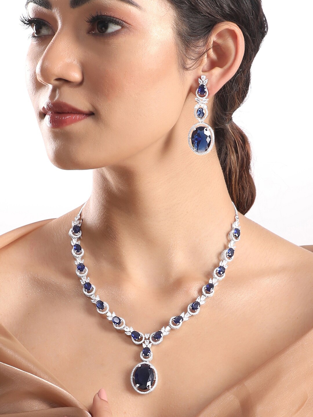 

Rubans Rhodium-Plated Zirconia Oval Droplet Necklace Set, Silver
