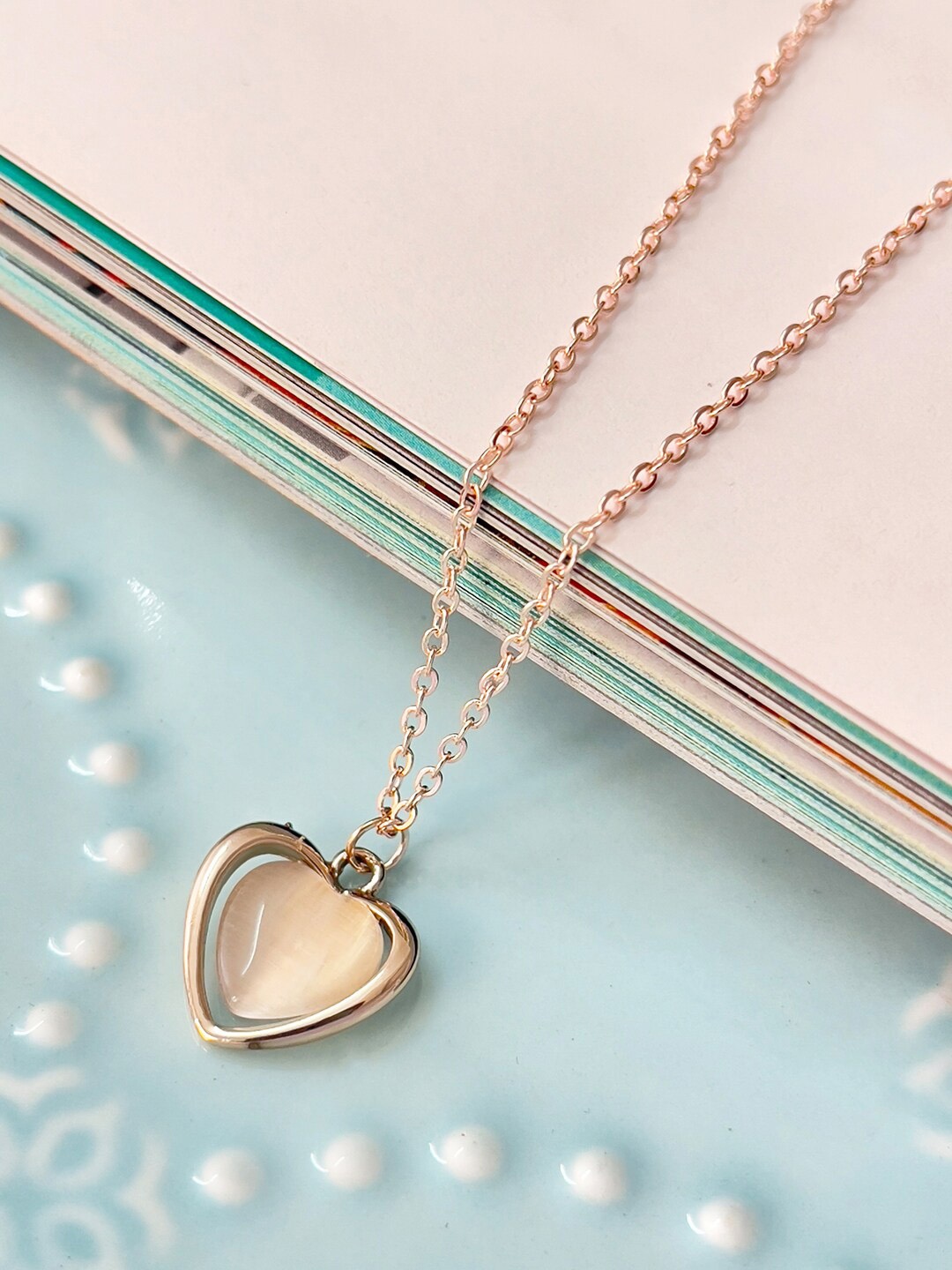 

Ayesha Rose Gold-Plated Heart Shaped Moonstone Stud Pendant with Chain