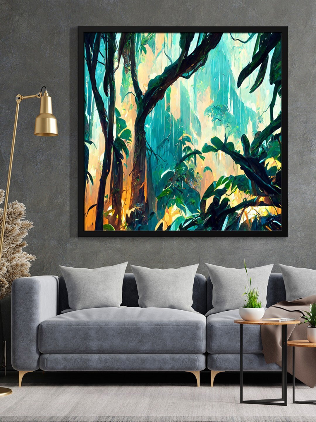 

999Store Green & Blue Jungle View Tree Printed Framed Wall Art