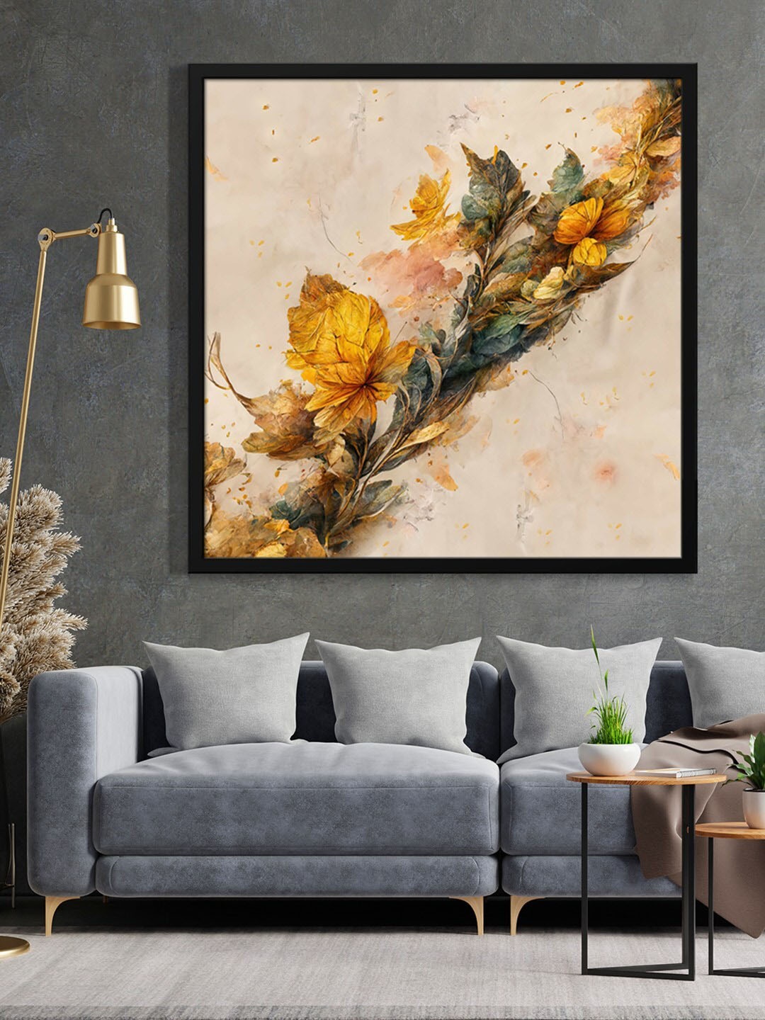 

999Store Yellow Flower With Leaf Framed Canvas Wall Painting, Brown